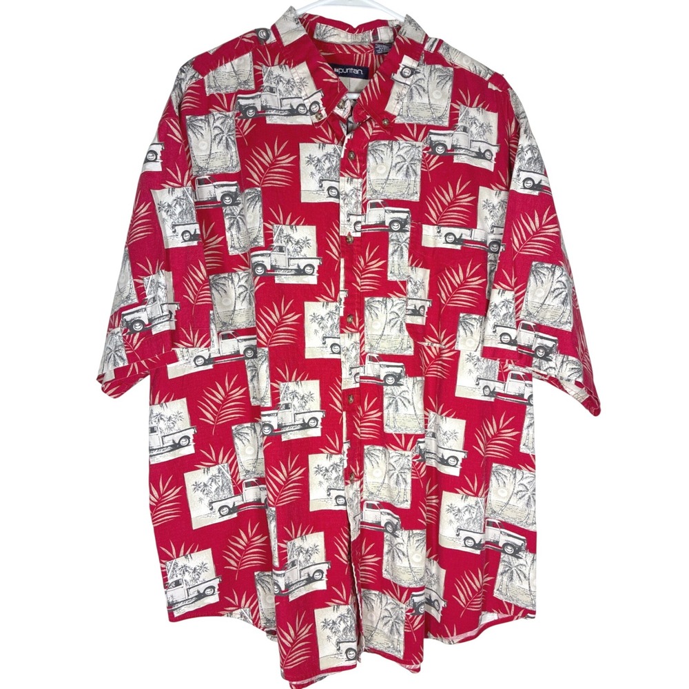 Puritan Red Hawaiian Shirt Tropical Palm Tree Truck Print Button Up Men's Sz 2XL
